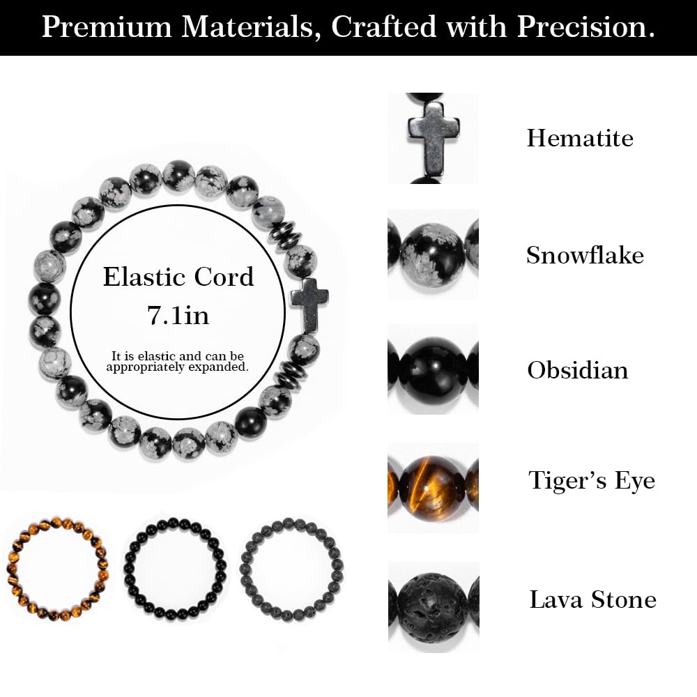 Crystery Men Beaded Bracelets, 8mm Natural Stone Bracelet, Healing Crystal, Jewelry Gifts for men, Triple Protection, Snowflake, Tiger Eye, Black Obsidian Beads Bracelets, Lava Rock, Pack of 4