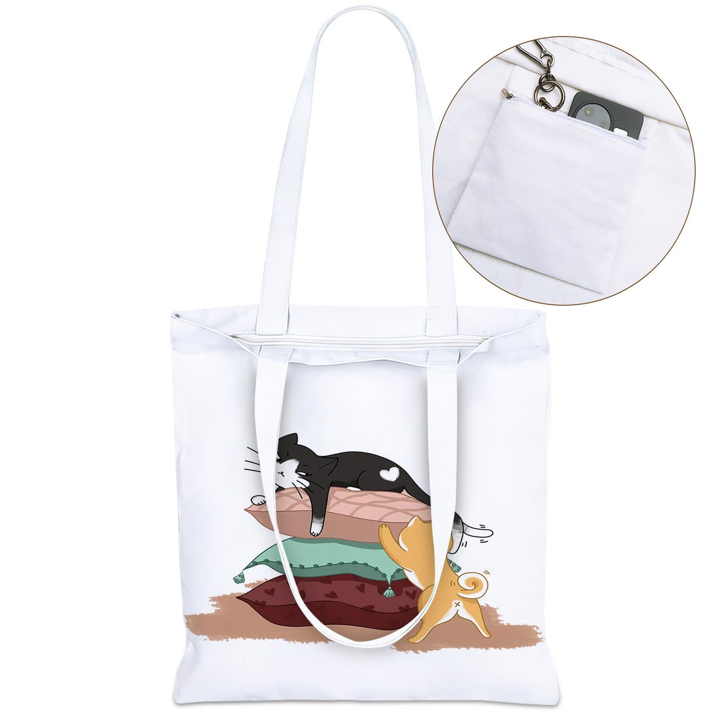GICDSU Black Cat Cotton Canvas Tote Bag with Zipper, Reusable Grocery Bags, Beach Foldable Tote Bag for Women, Funny Totebag with Inner Pocket for Shopping Travel Gym Work