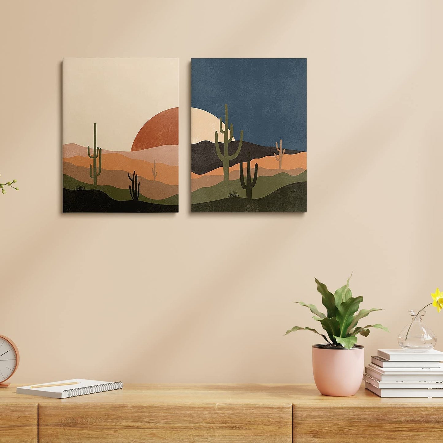 Mid Century Desert Prints Boho Cactus Canvas Prints Sun and Moon Day and Night Canvas Wall Art Modern Abstract Landscape Art for Living Room Decor Bedroom Dining Room Set of 2, 12x16 inch Framed
