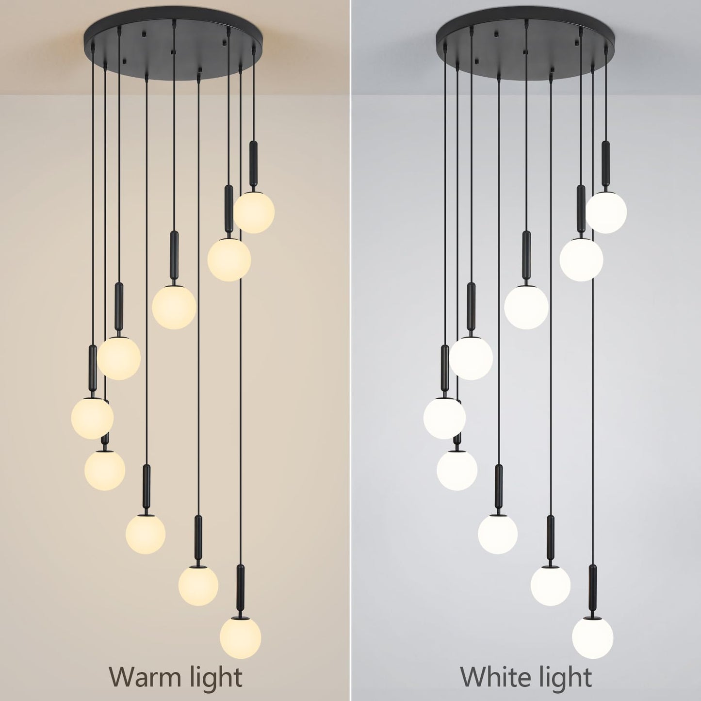 FDPBY 9-Lights Black Chandelier with Milk White Glass Mid Century Modern Globe Pendant Light for Foyer Living Room Entryway Hallway
