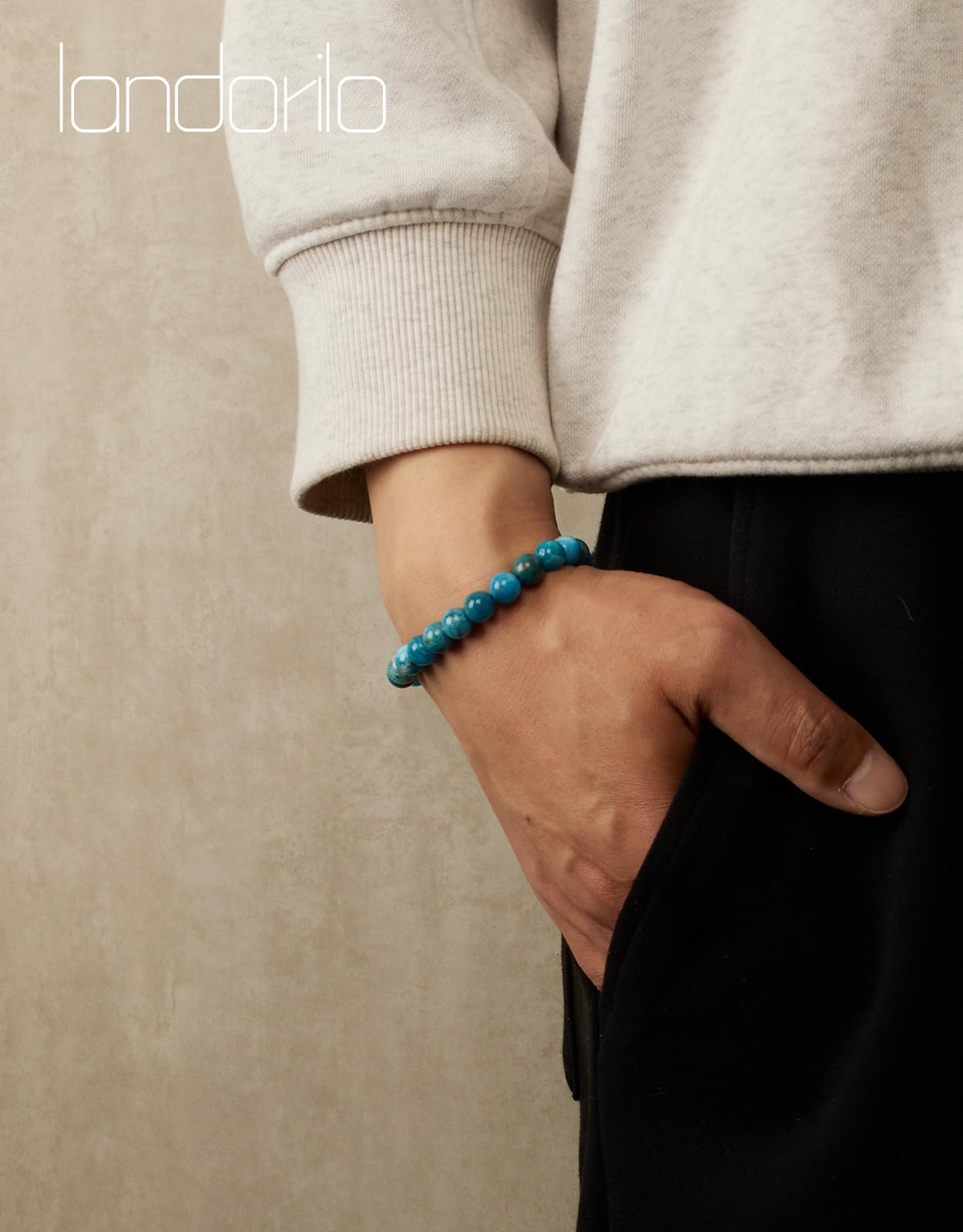 Landorilo Beaded Bracelet for Men Women, 8mm Natural Stone Apatite Healing Crystal Stretch Bracelets, Ideal Christmas Birthday Jewelry Gifts with Energy Card，Replacement Beads Included