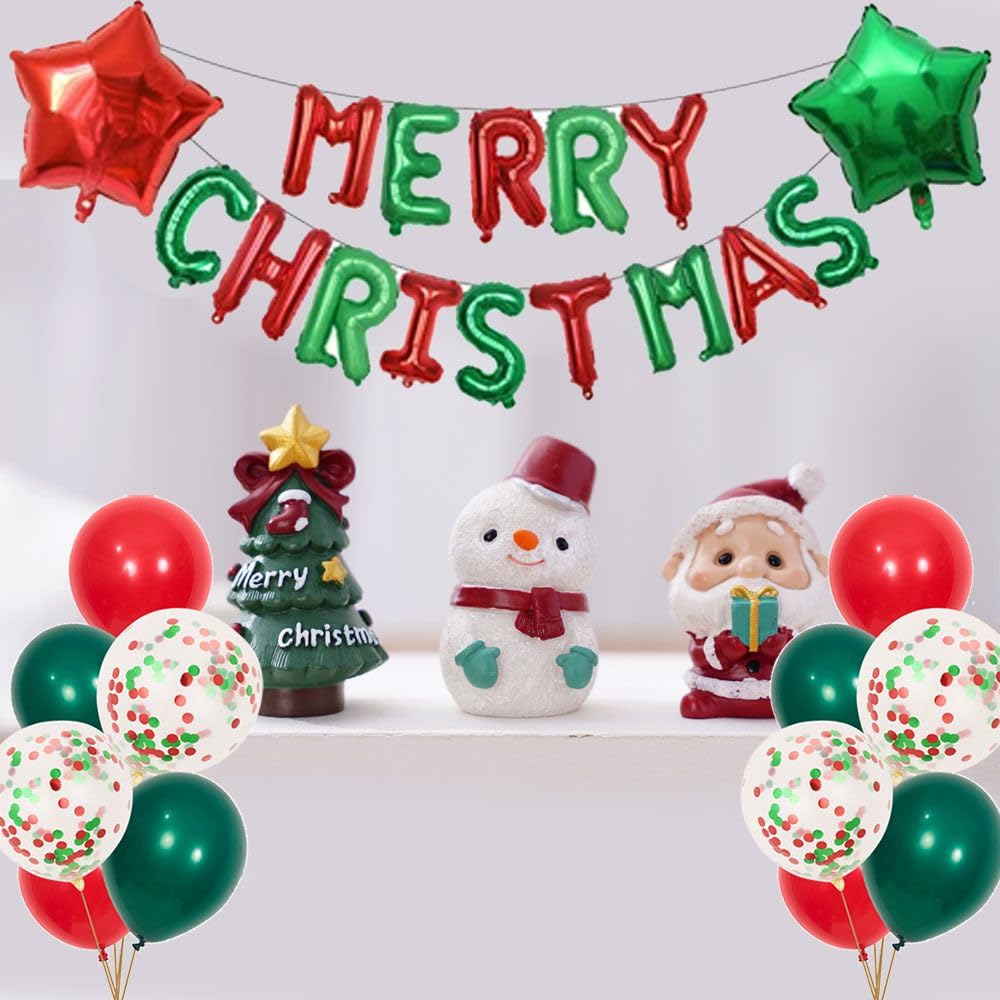 Merry Christmas Balloons Banner 13pcs Aluminum Foil 16 Inch Letters with 2pcs 18 Inch Star Balloons 30pcs Red Green Confetti Balloon for Christmas Party Decorations