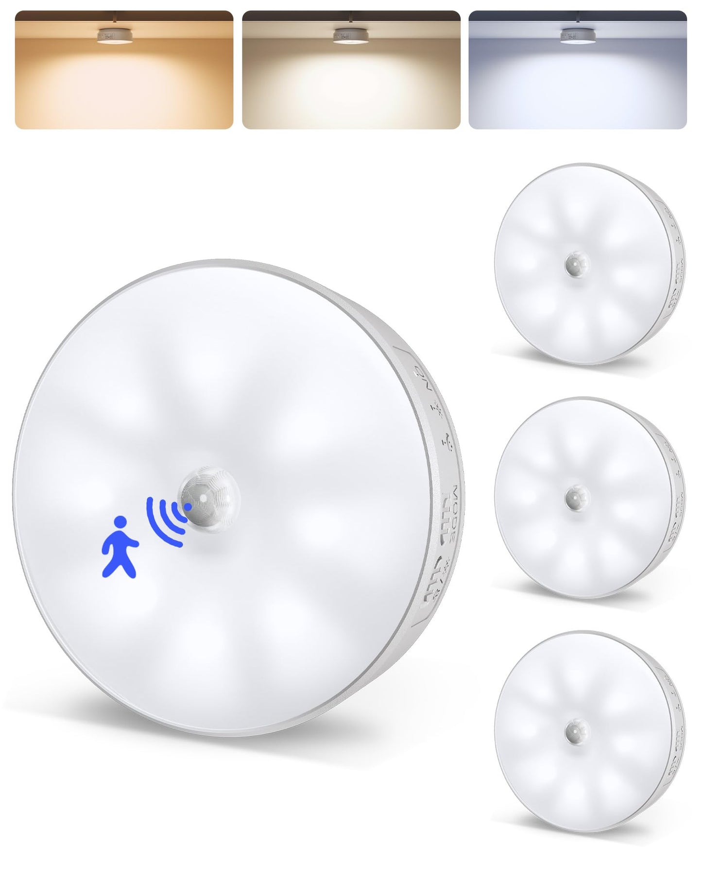 EZVALO 4 Pack Motion Sensor Closet Lights, 1200mAh USB-C Rechargeable LED Puck Lights, Under Cabinet Lights, Night Lights, Dimmable, 3 Color Temps, Magnetic, Stick-On for Closet, Stairs, Cabinets