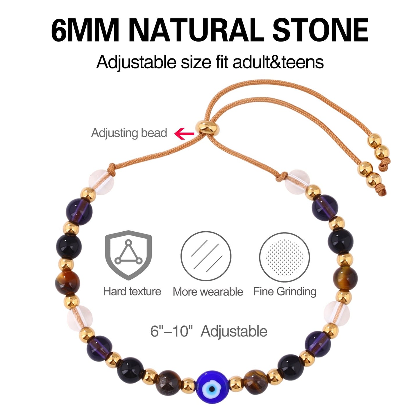 Cute Evil Eye Bracelet Red Black - Natural Crystal Protection Adjustable Spiritual Guardian Jewelry- 5 Healing Stones Clear Quartz Amethyst Black Tourmaline Tiger Eye Bracelet Adjustable (Blue Eye-Brown Rope)