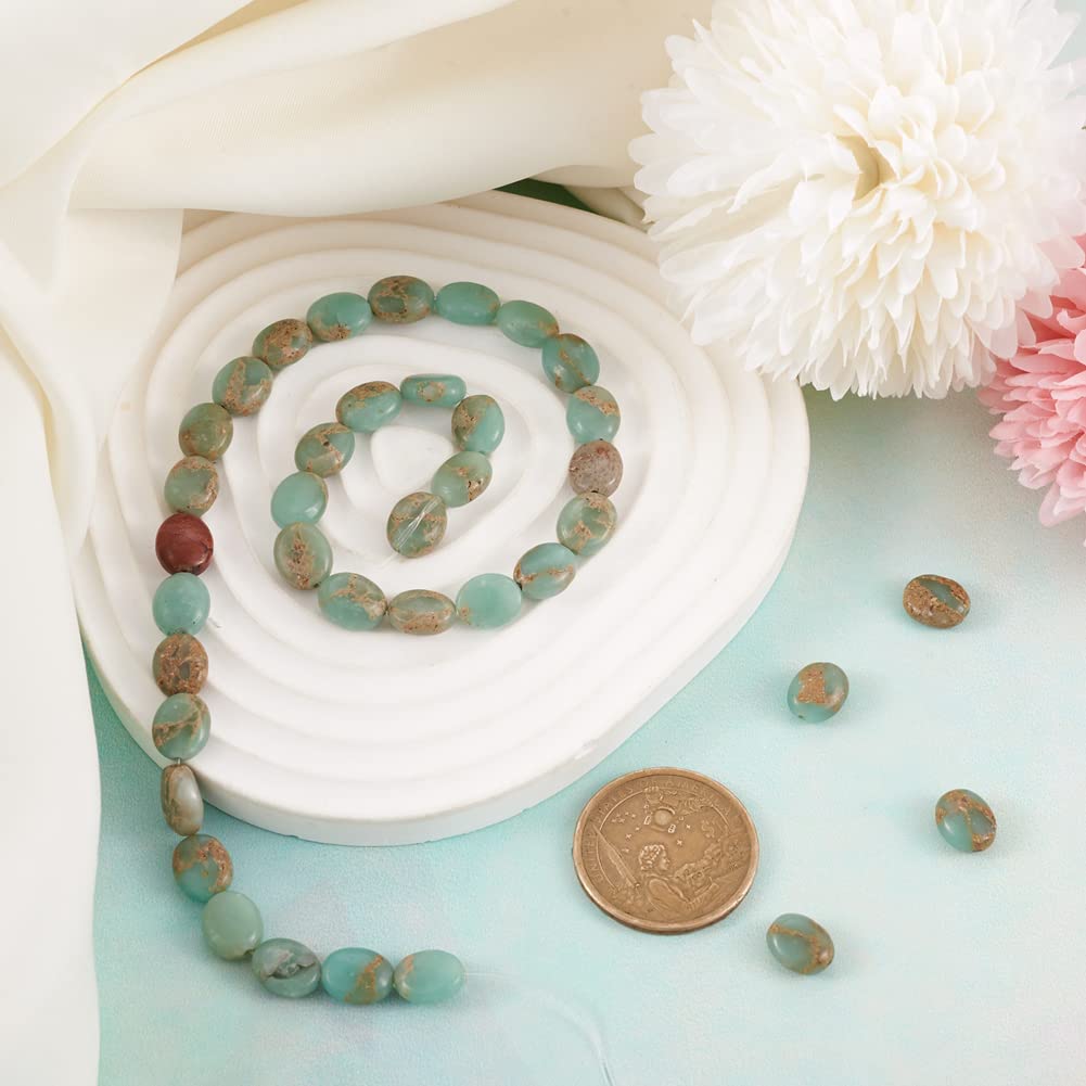 Fashewelry 39pcs Natural Aqua Terra Jasper Stone Beads Flat Oval Healing Crystal Loose Gemstone Beads 10x8mm for Jewelry Necklace Bracelet Earring Craft, 15.35 Inch