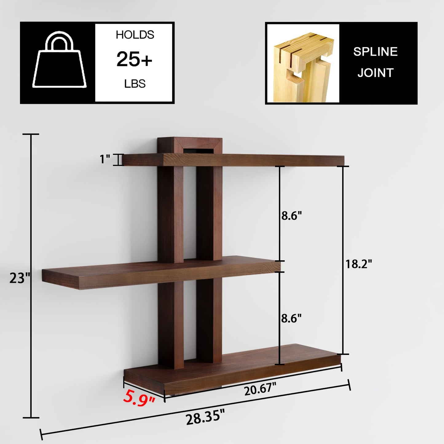 yaqew Variable Wood Floating Shelves Set of 3, Wall Cube Shelves 28.35" Max, Wall Shelves for Living Room Bathroom Bedroom - Light Walnut Color - 28.35" x 23" x 5.9" Max