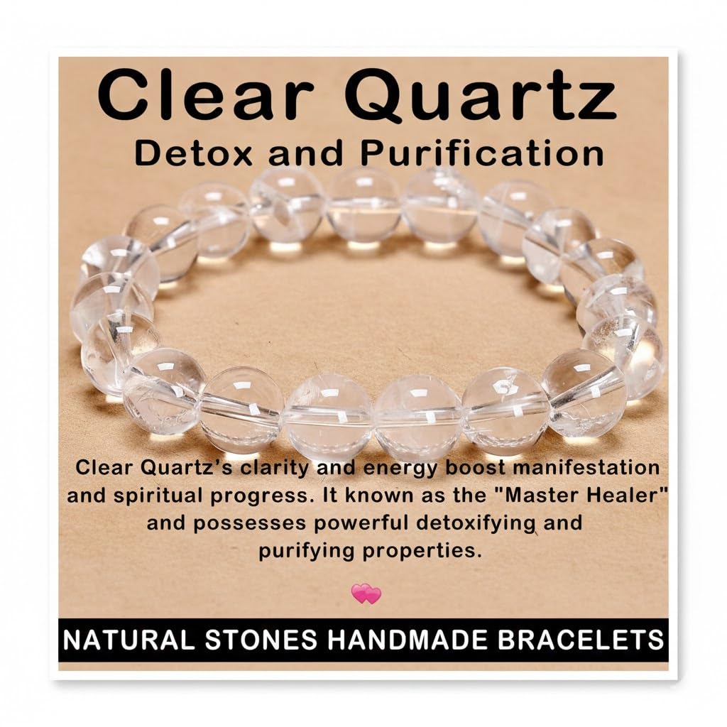 AD Beads Handmade Gemstone Stretch Elastic Bracelet Crystal Healing Reiki Nature's Beauty and Spiritual Essence Unisex (10mm, Clear Quartz (Detox and Purification))