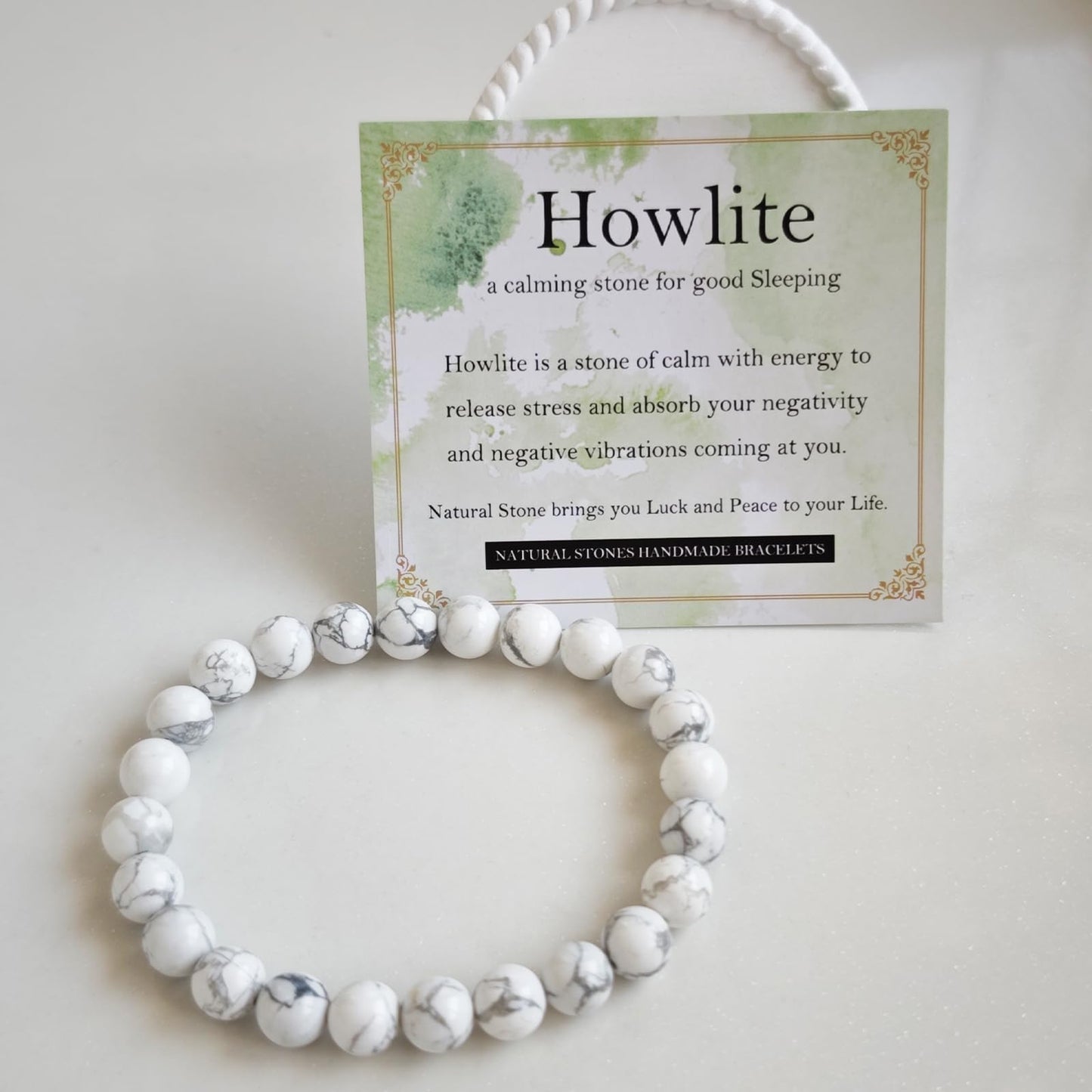 Handmade Natural Gemstone Elastic Bracelet - Healing Crystal Beads Jewelry, Unisex (Howlite, 8mm)