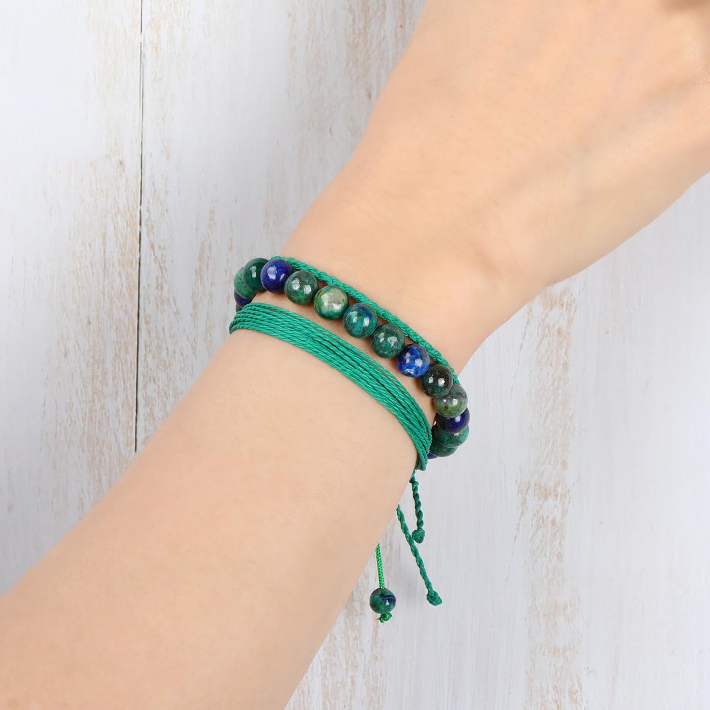 QOGIR Handmade Healing Stones Bracelets,8mm Natural Chrysocolla Lapis Beaded Bracelets for Men Women Gifts with 2PCS Size Adjustable Rope Bracelets