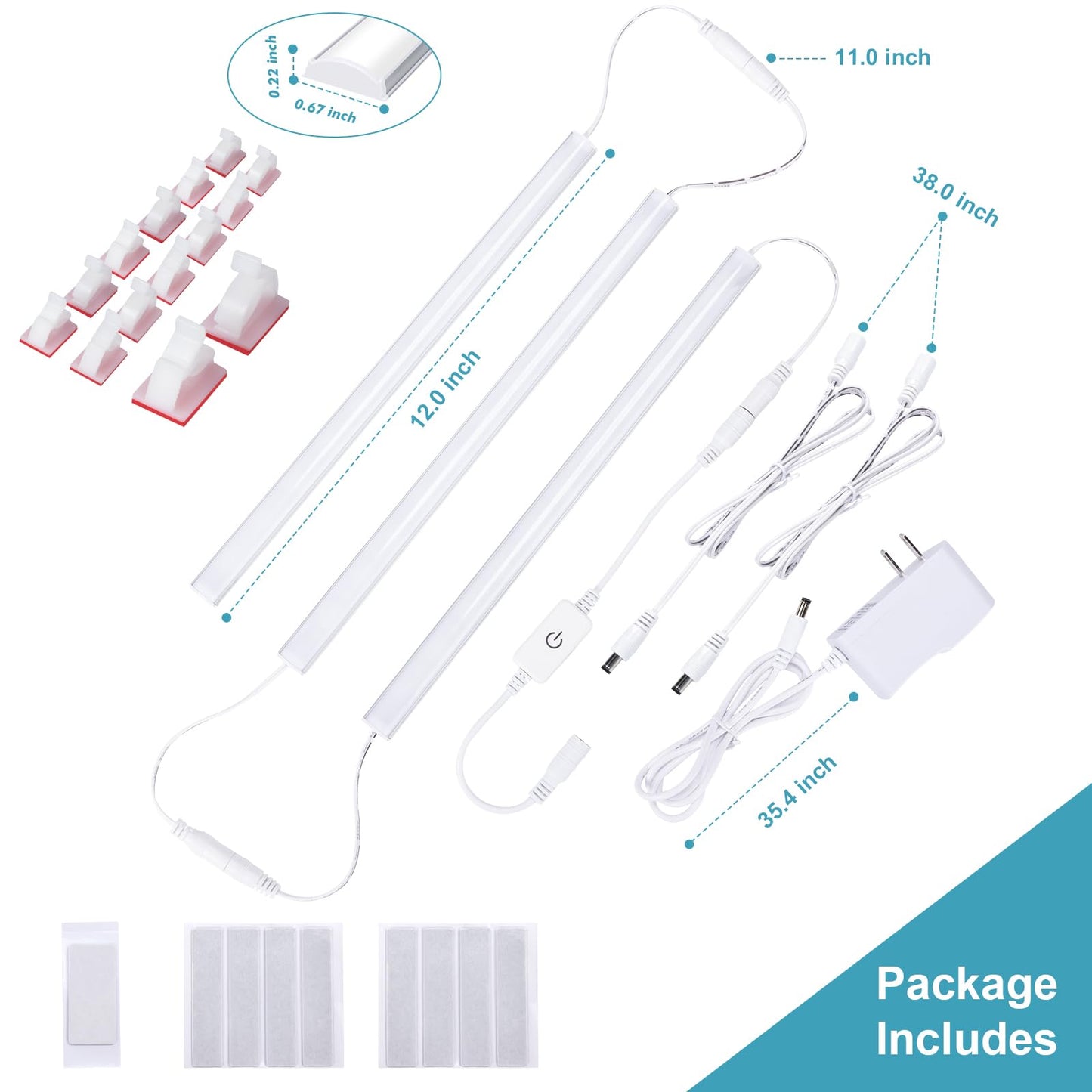 Under Counter Lights for Kitchen, 3 Packs x 12 Inch Dimmable LED Under Cabinet Lighting, Cold White 6000K, Plug-in Under Cabinet Lights with Memory Function