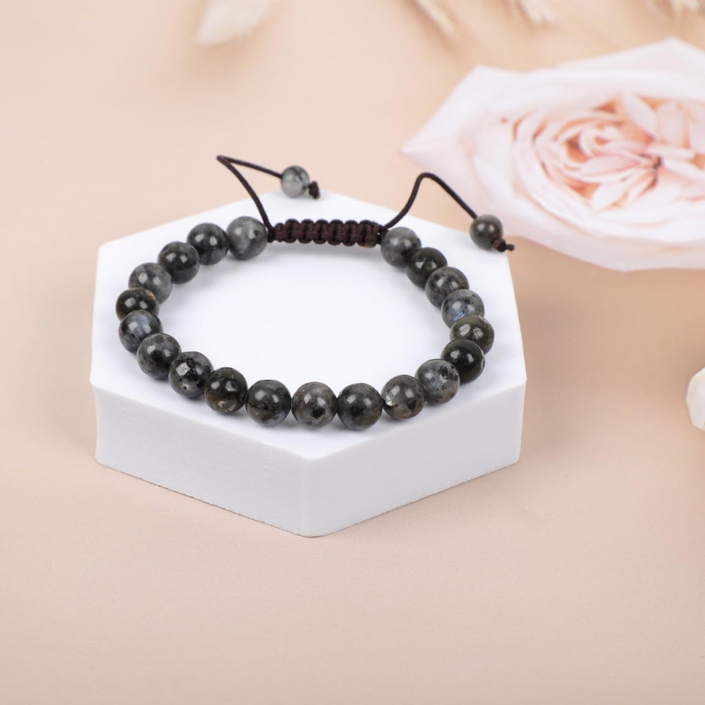 AD Beads Natural 8mm Gemstone Bracelets Healing Power Crystal Macrame Adjustable 7-9 Inch (Larvikite)