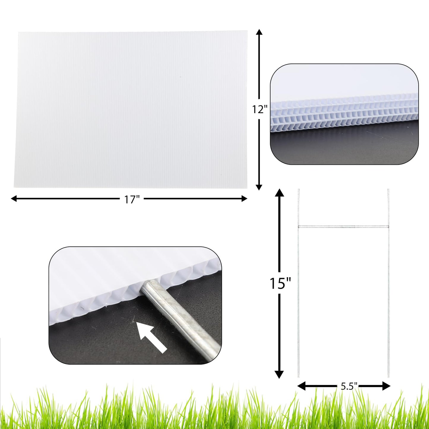 4 Pack Blank Yard Signs 17 x 12 in with Metal Stakes, White Plastic Yard Lawn Sign for Birthday Decoration,Garage Sale,Guidepost, Open House, Rent