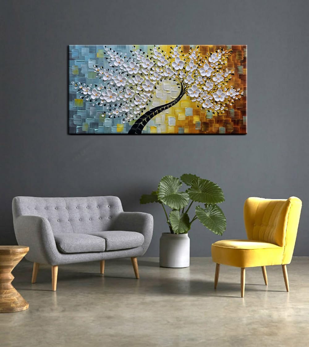 YaSheng Art - Wall Art Oil Painting ,100% HandPainted 3D Texture Wall Art Artwork White Flower Tree Paintings ,Abstract Canvas Wall Art ,Bedroom Dining Room Living Room Modern Wall Art Decor Home , Framed Wall Art Picture 24x48inch