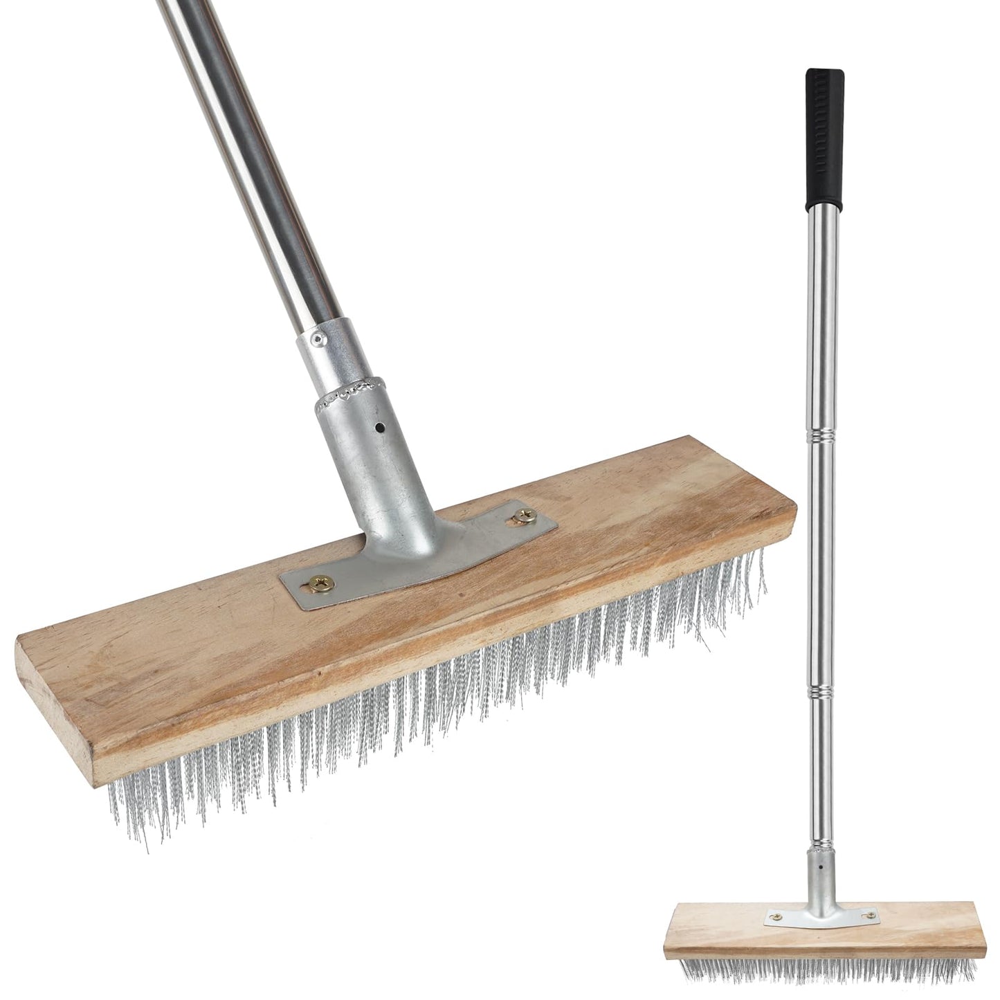 ROLKAR Floor Scrub Brush, Deck Brushes for Scrubbing Heavy Duty, Concrete Scrubber Outdoor Broom, Metal Wire Pool Brush Stainless Steel, Garage Patio Gunite Tile Algae Moss Cleaning Tool Long Handle
