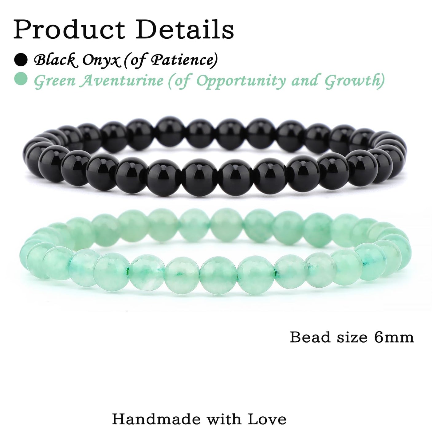 NCB 2-Piece 6mm Natural Crystal Gemstone Stretch Bracelets – ﻿Black Onyx, Green Aventurine Handmade Reiki Energy Healing Jewelry for Meditation,Yoga, Unisex
