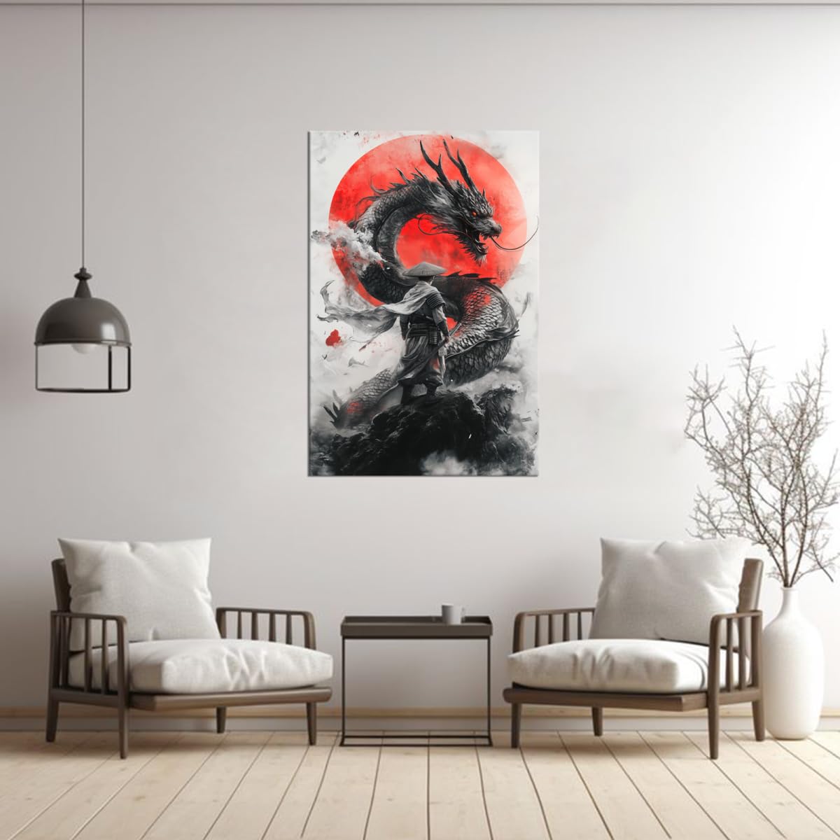 Samurai Black Dragon Canvas Wall Decor Red Sun Japanese Warrior Art Print Asian Dragon Poster for Living Room Bedroom Ready To Hang-18x24 inch
