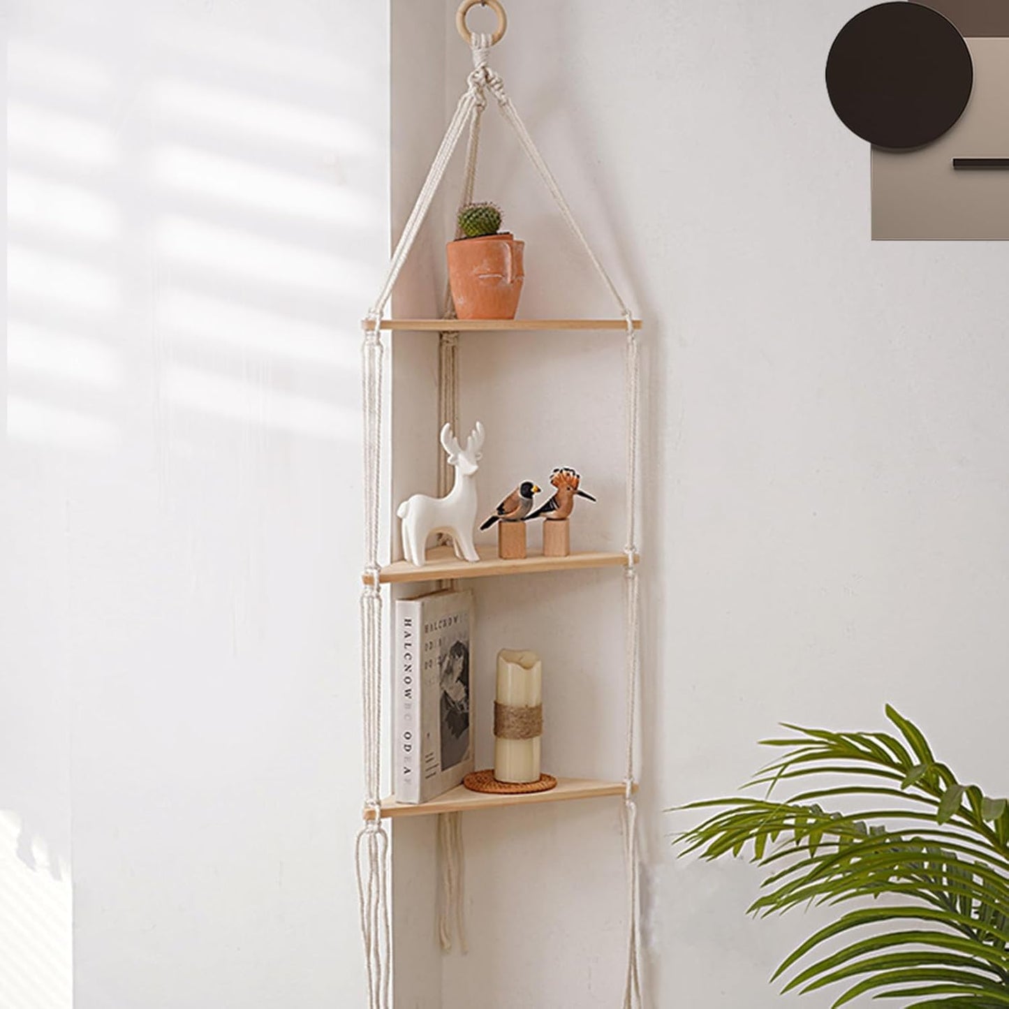 WKHOKI Hanging Shelf with Natural Wood, 3-Tier Rope Shelf | Handmade Boho Wall Decor for Floating Display, Ideal for Plants, Photos & Storage in Bathroom, Bedroom, Living Room & Nursery