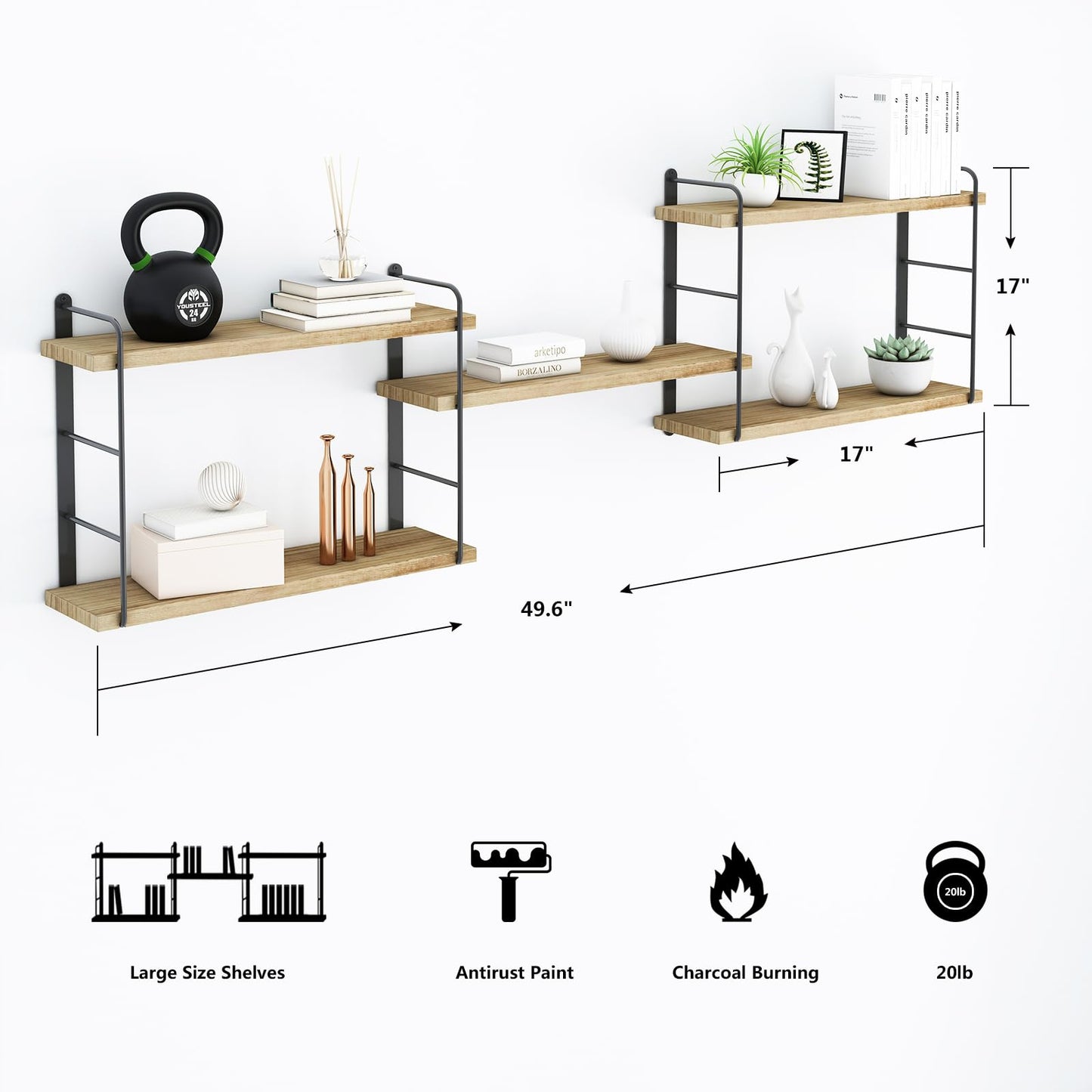 MXCSE Wall Shelves, Wall Mounted Bookshelves, DIY Floating Shelves for Wall, Wood Hanging Book Shelves for Room, Bedroom, Living Room, Easy Installation (Wooden, 50W x 17H)