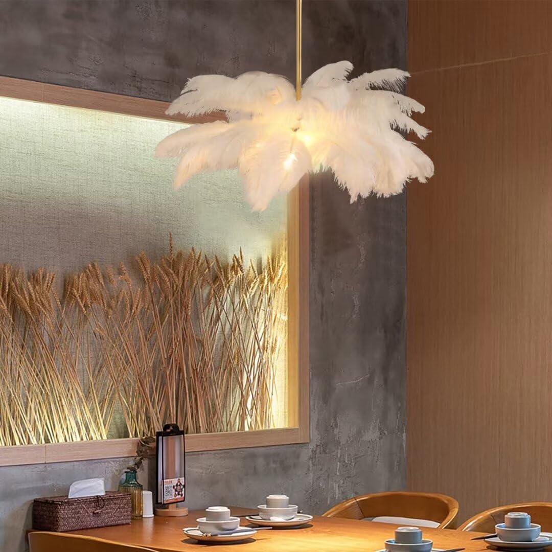 GUANSHAN White Ostrich Feather Pendent Light - Feather Ceiling Light & Chandelier for Bedroom, Living Room