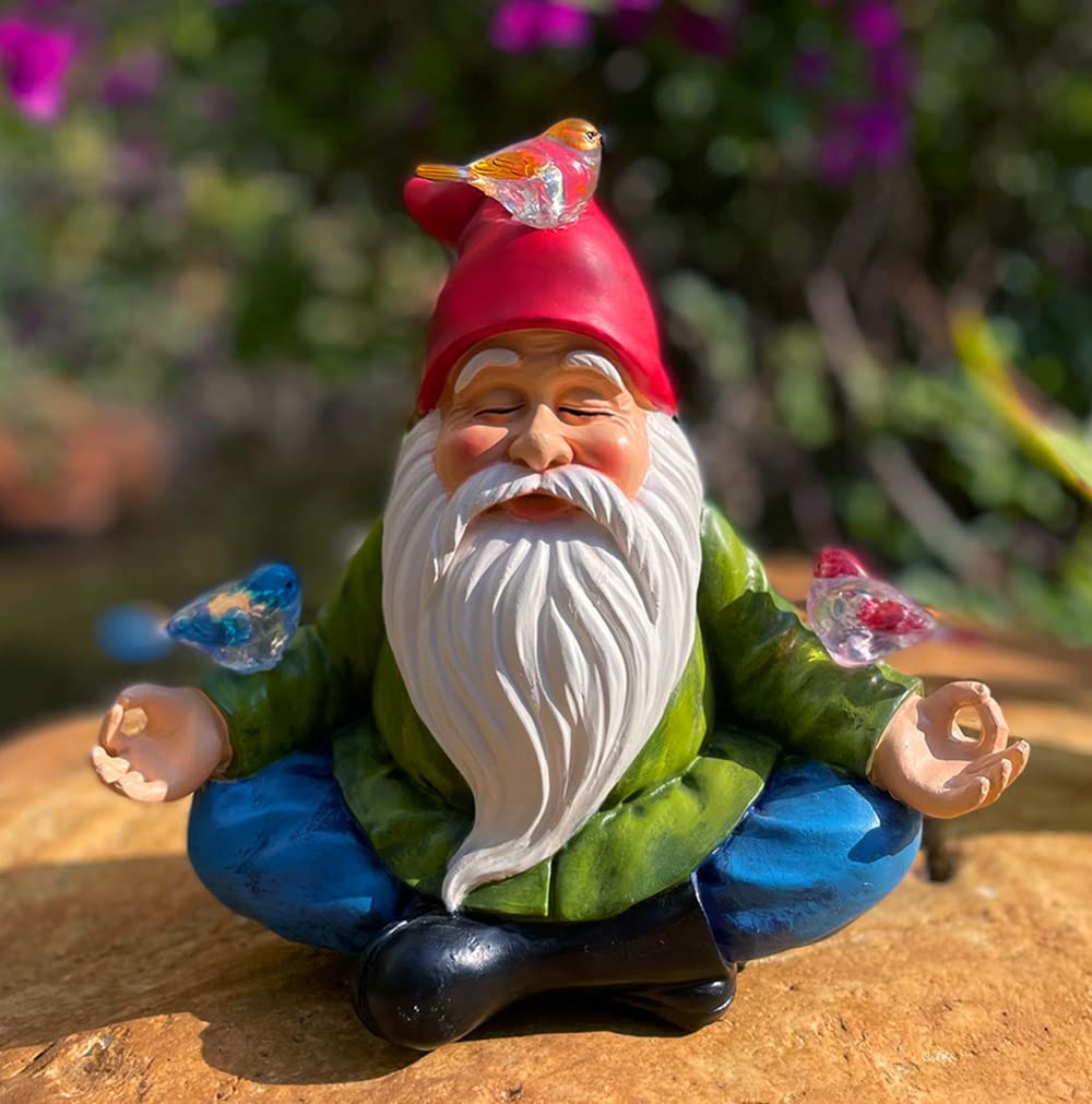 RAYWER Solar Powered Gnome with Red Hat and 3 Birds, Resin Garden Ornament with LED Light, Lawn Figurine Outdoor Decoration Statue (Gnome with 3 Birds)