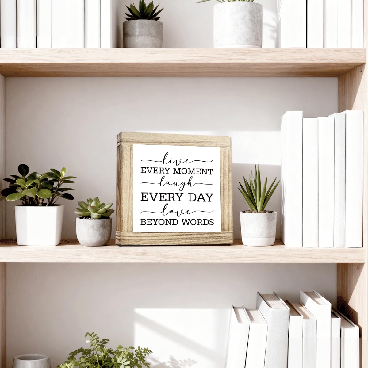 Wood Home Sign Live Every Moment Laugh Every Day Love Beyond Words Inspirational Solid Wood Plaque Rustic Handmade Home Decor For Farmhouse Living Room Entryway Table Rustic Wooden Sign 5.9x5.9 Inch