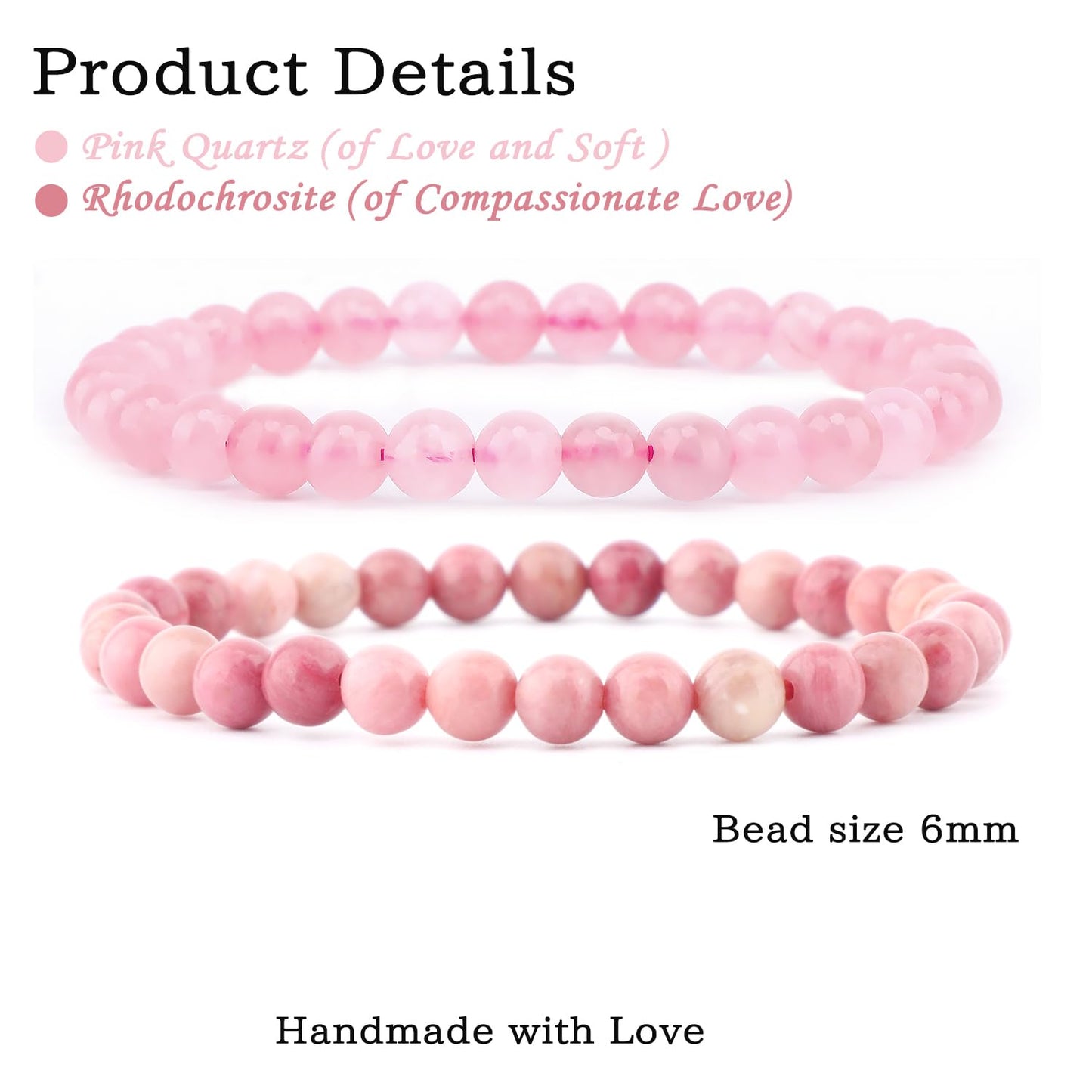 NCB 2-Piece 6mm Natural Crystal Gemstone Stretch Bracelets – ﻿Pink Quartz, Rhodochrosite Handmade Reiki Energy Healing Jewelry for Meditation,Yoga, Unisex