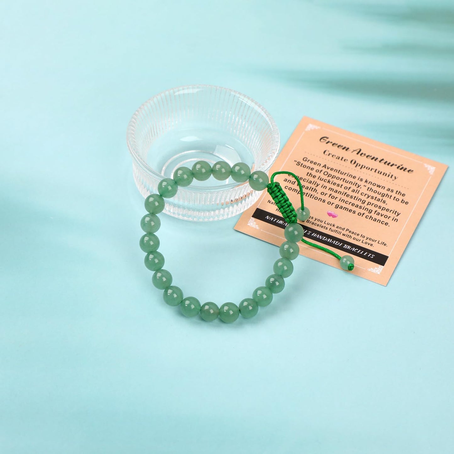 AD Beads 8mm Green Aventurine Bracelet - Stone of Create Opportunity - Handmade Natural Stone Crystal Bracelet with Adjustable Macrame String - Yoga Healing Power Energy Gifts for Men and Women
