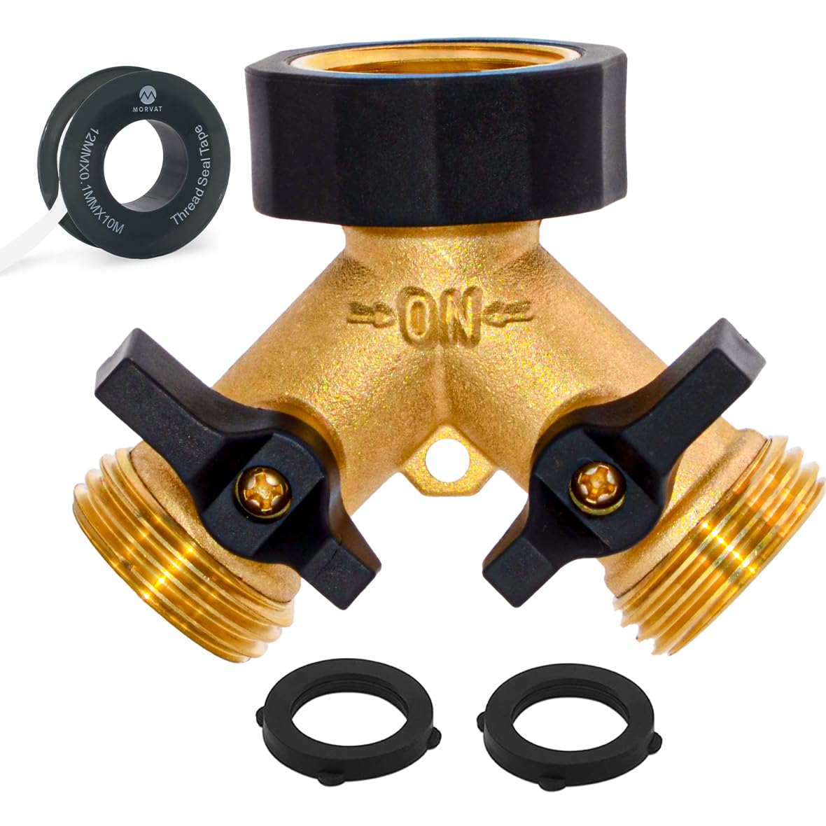 Morvat Garden Hose Splitter with Comfortable Rubber Grip Shut Off Valves, Heavy Duty Brass Connector, Water Tap, Y Splitter, 2 Valves, Outlet, Spigot, Includes Two Extra Washers & Roll of Teflon Tape