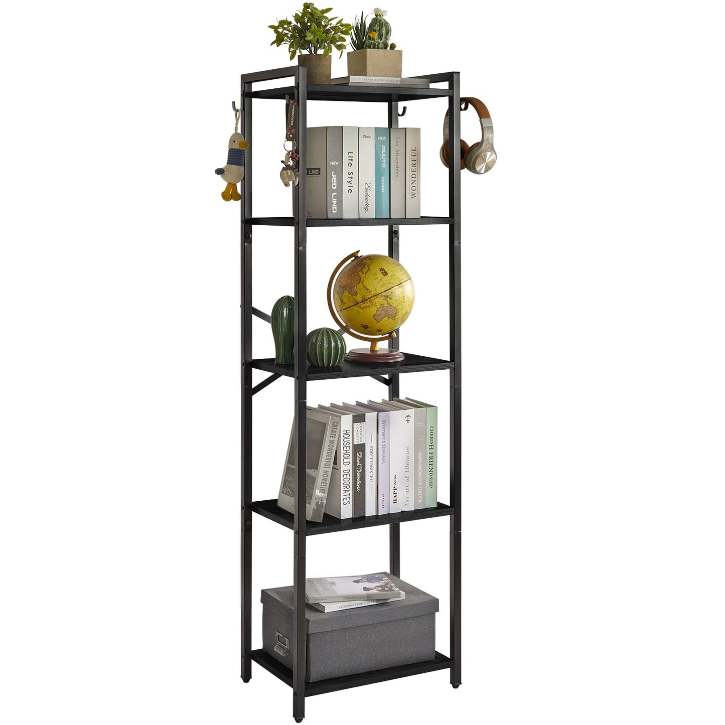 YMYNY Bookshelf, 5-Tier Ladder Shelf Organizer, Narrow Shelving Unit, Corner Storage Racks, Large Capacity Bookcase, for Home Office Living Room Balcony Bathroom, 57.7" H, Metal Frame,UHBC005B