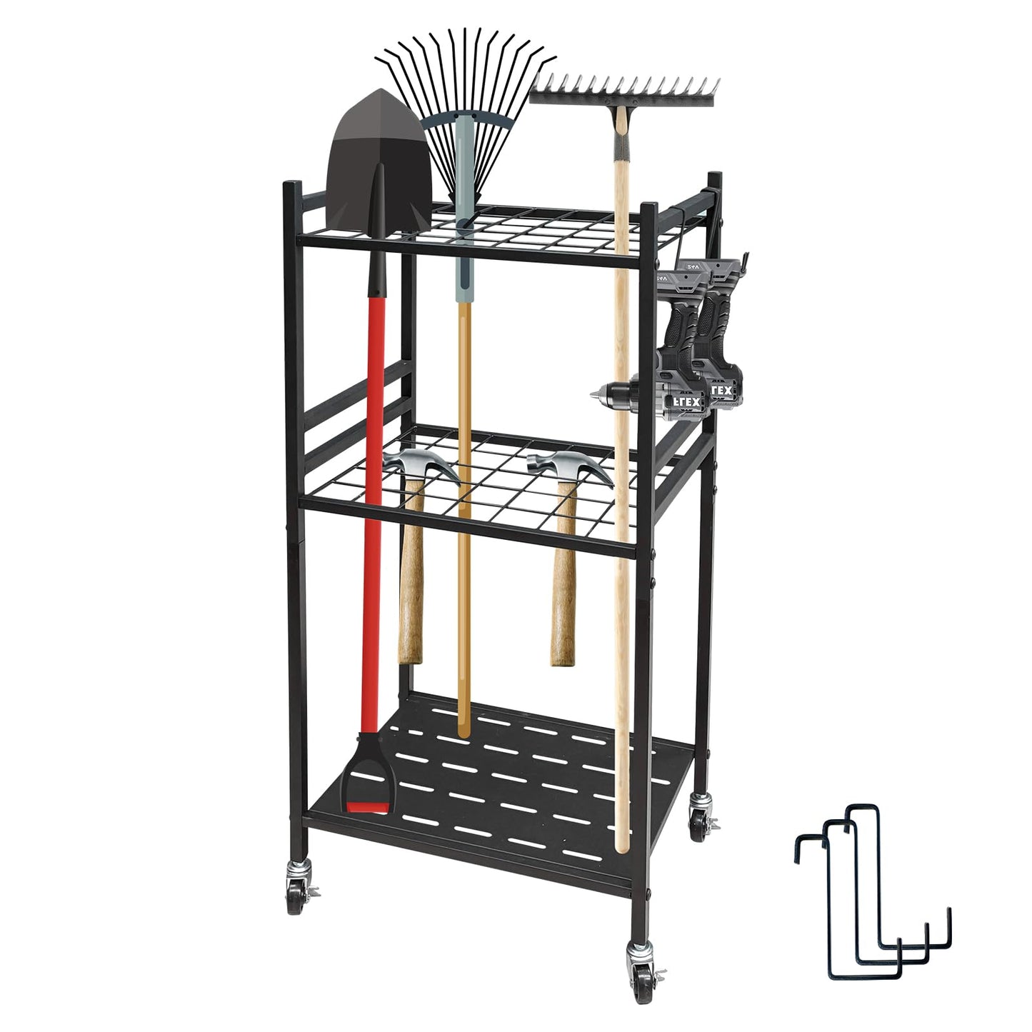 THESEATOP Garden Tool Organizer, 3-Tier Yard Tool Storage Rack with 35 Slots & 3 Hooks, Heavy Duty Garage Organizer for Shovels, Rakes & Brooms (33.6" x 11.5" x 17")