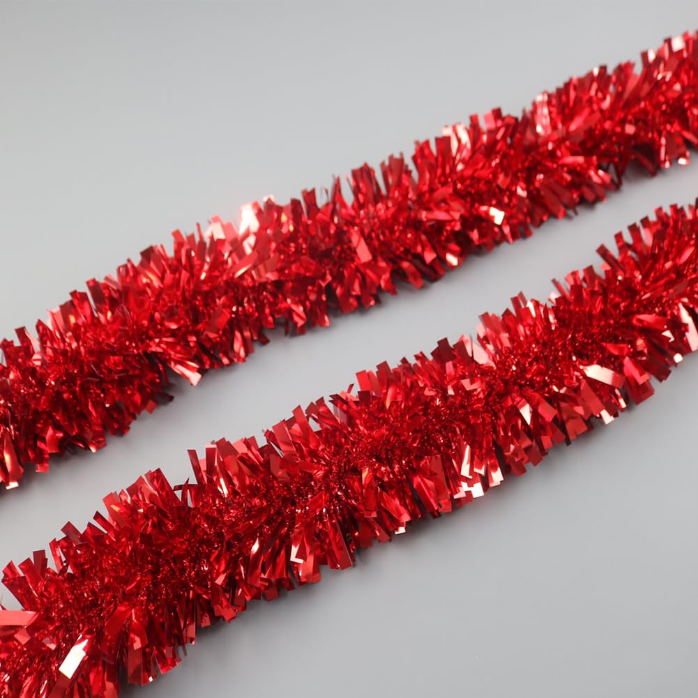 33Ft Christmas Tinsel Garland Shiny Thick Red Tinsel Decor Xmas Tree Decorations Metallic Twist Foil Garland for Birthday Thanksgiving Day New Year Parties Indoor Outdoor Party Supplies - Red