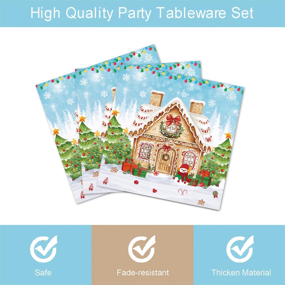 Fitumiw 96Pcs Gingerbread House Party Tableware Supplies Merry Christmas Cartoon Candy House Snowman Plates and Napkins Christmas Trees Winter Wonderland Party Set Decorations Serve 24 Guests