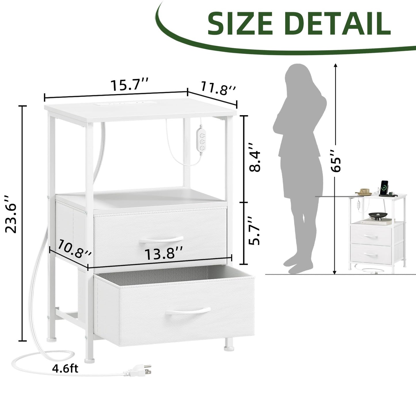 Somdot White Nightstand with Charging Station and LED Light for Bedroom, 2 Drawers Dresser with Fabric Bins for Bedside Kids Dorm Room Closet Laundry Entryway, White Leather