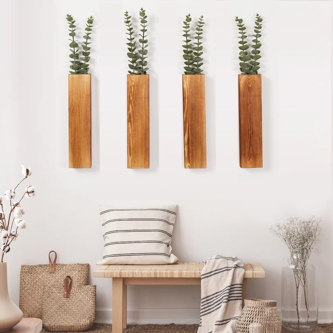 Mokof 4-Pack Wood Wall Planters with 8 Removable Faux Eucalyptus Stems - Modern Farmhouse Wall Decor for Living Room, Bedroom, Bathroom - Wooden Wall Vases and Fake Eucalyptus for Home Office Decor