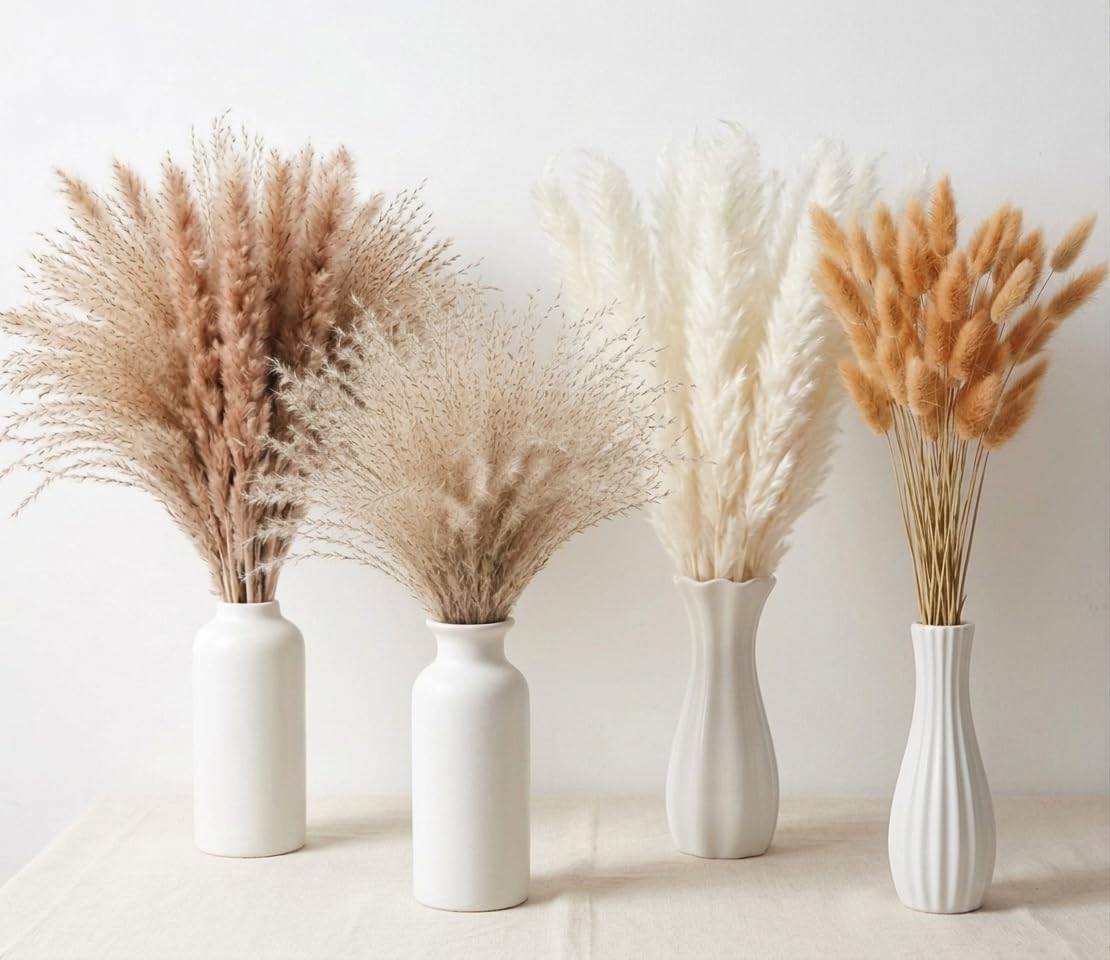110 Stems Dried Pampas Grass, Boho Table Decor Natural Reed Phragmites Grass + Brown & White Pampas Grass + Bunny Tails Flowers Bouquet for Wedding Floral Arrangements Farmhouse Home Rustic Wall