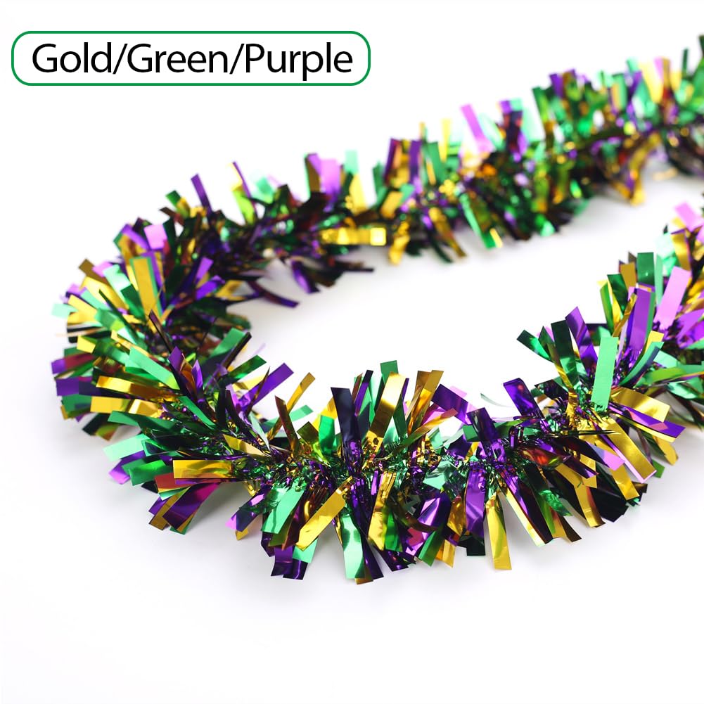 33Ft Christmas Tinsel Garland, Gold Green Purple Metallic Twist Foil Tinsel Garland Hanging Decor for Christmas Tree Birthday Kwanzaa Party Indoor Outdoor Party Supplies - Gold Green Purple