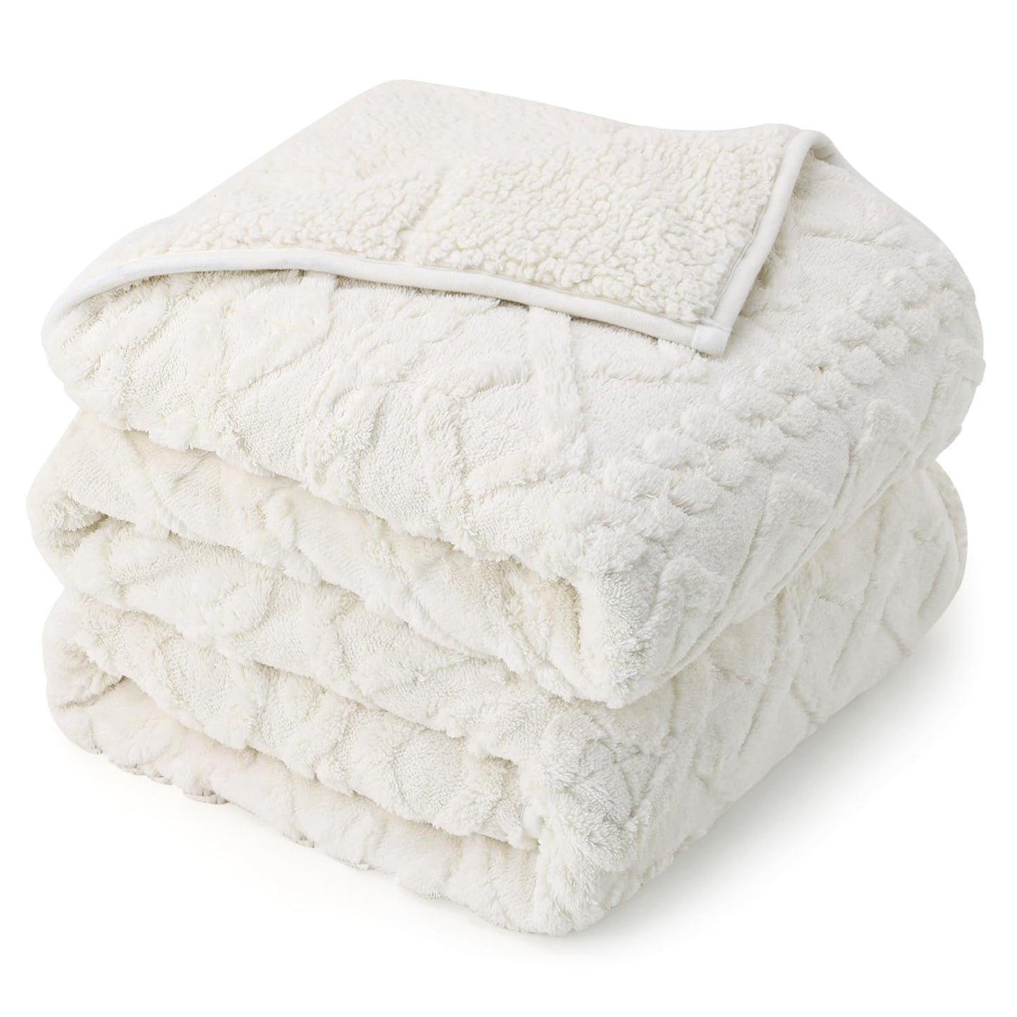 Drewin Weighted Blanket 15lbs Queen Size, Soft and Thick Jacquard Sherpa Heavy Blanket for Calming and Relax, Dual Sided Ultra Soft Fuzzy Throw Blanket with Ceramic Beads, 60 x 80 inches, Cream White