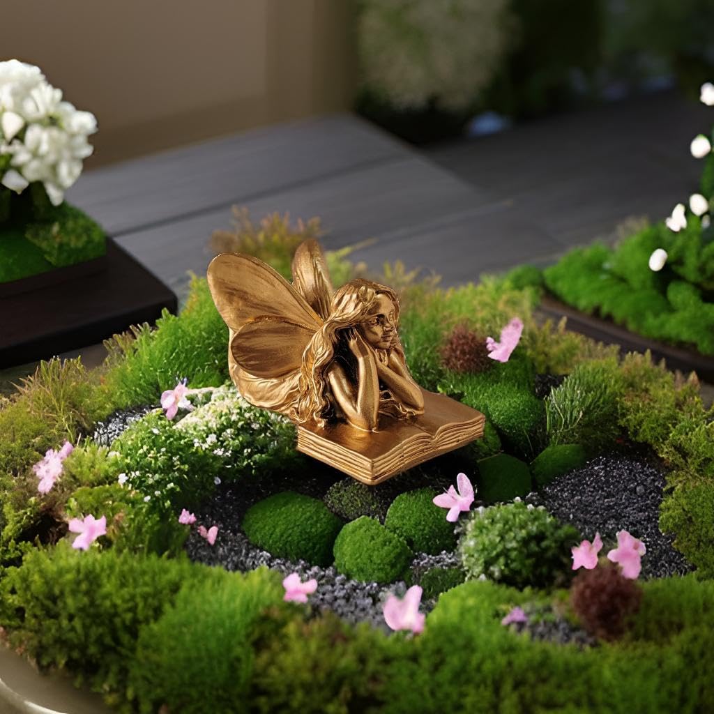 wsmart Fairy Figurines - Golden Fairy Reading Statue for Garden, Home Decor, Small Outdoor Angel Figurines, Unique Gift Idea