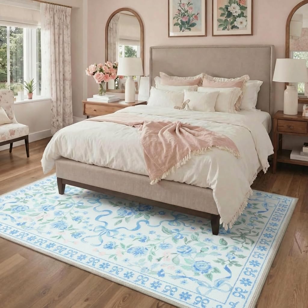 Bavni Area Rugs 5X7 for Living Room，Machine Washable Non Slip Low Pile Soft Rug，Cute Floral Carpet for Bedroom Dining Room Girls Room Nursery Room and Kids Room or Playroom, Pastel Blue
