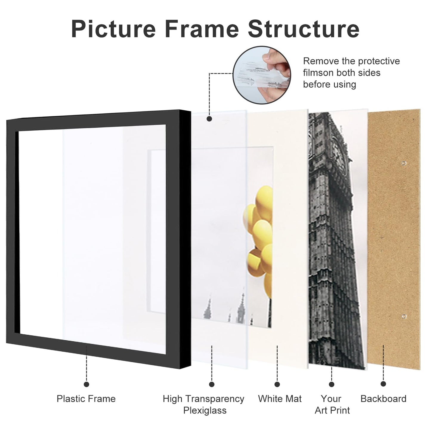 BSRHOME 12x12 Picture Frame Set of 9, Display Pictures 8x8 with Mat or 12x12 without Mat, Multi Collage Gallery Square Photo Frames for Wall or Tabletop, Black