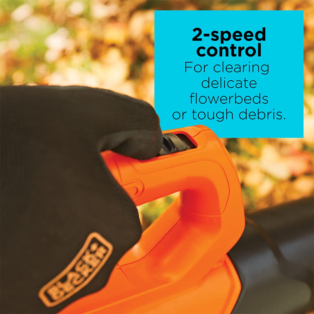 BLACK+DECKER 20V MAX Cordless Leaf Blower with Battery and Charger, Powerful 2-Speed, Up to 90 MPH and 320 CFM Axial Lightweight Electric Leaf Blower (BCBL700D1)