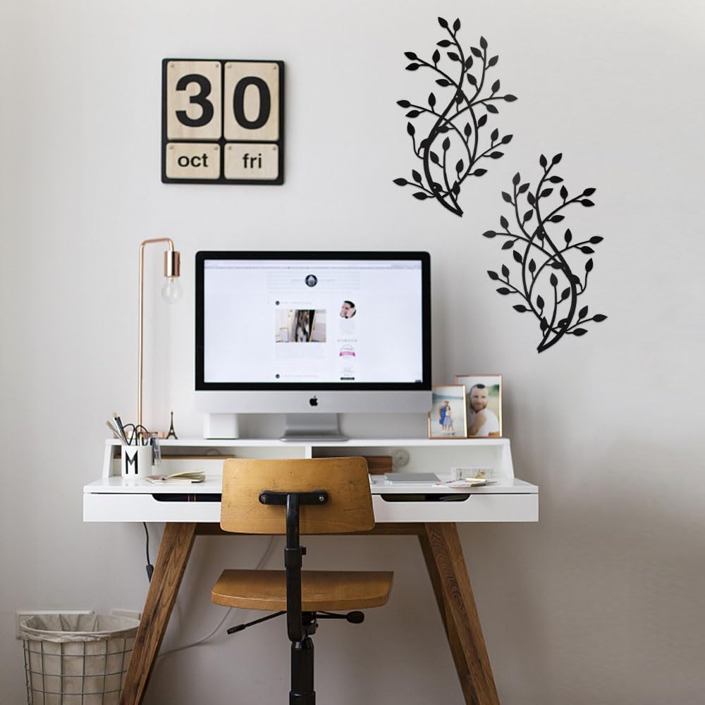Meltset Metal Tree Leaf Wall Decor, Vine Olive Leaf Branch Wall Art,Black Wrought Iron Artwork above The Bed, Living Room, Indoor and Outdoor (S/Black)