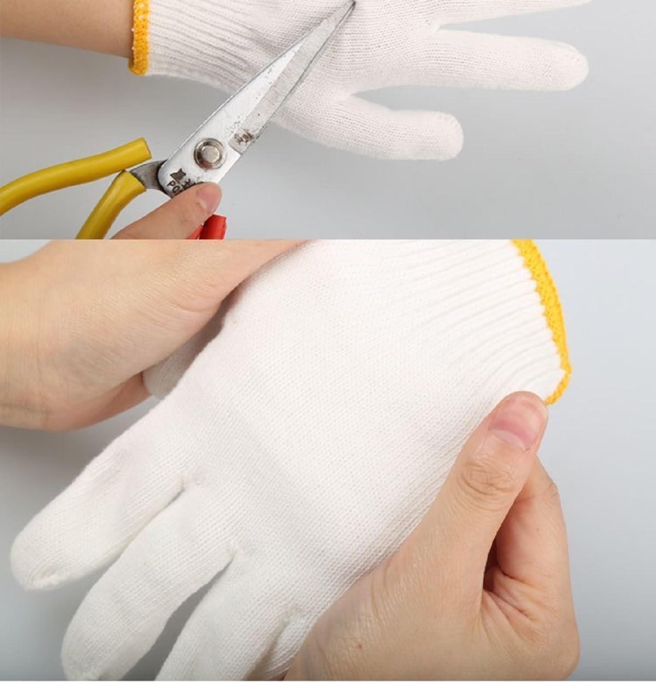 Safety Work Gloves 12 Pairs Polyester Knitted Gloves for Garage Warehouse Painter Mechanic Industrial Gardening Construction (White / Yellow Border)