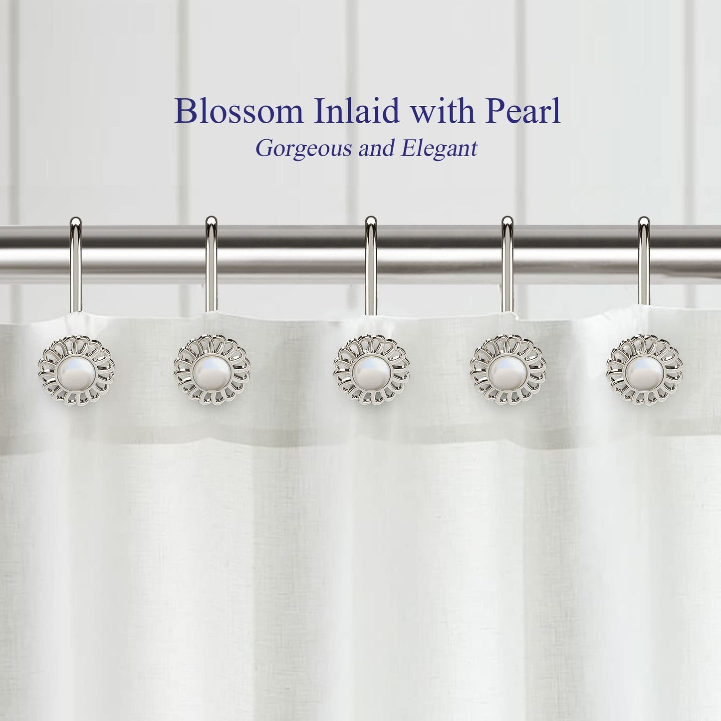 iToplin Nickel Shower Curtain Hooks Rings, Decorative Shower Curtain Hangers, Heavy Duty Metal Shower Rings, Sunflower Shower Hooks for Shower Curtain Rod and Liner, Bathroom Curtain Hooks, Set of 12