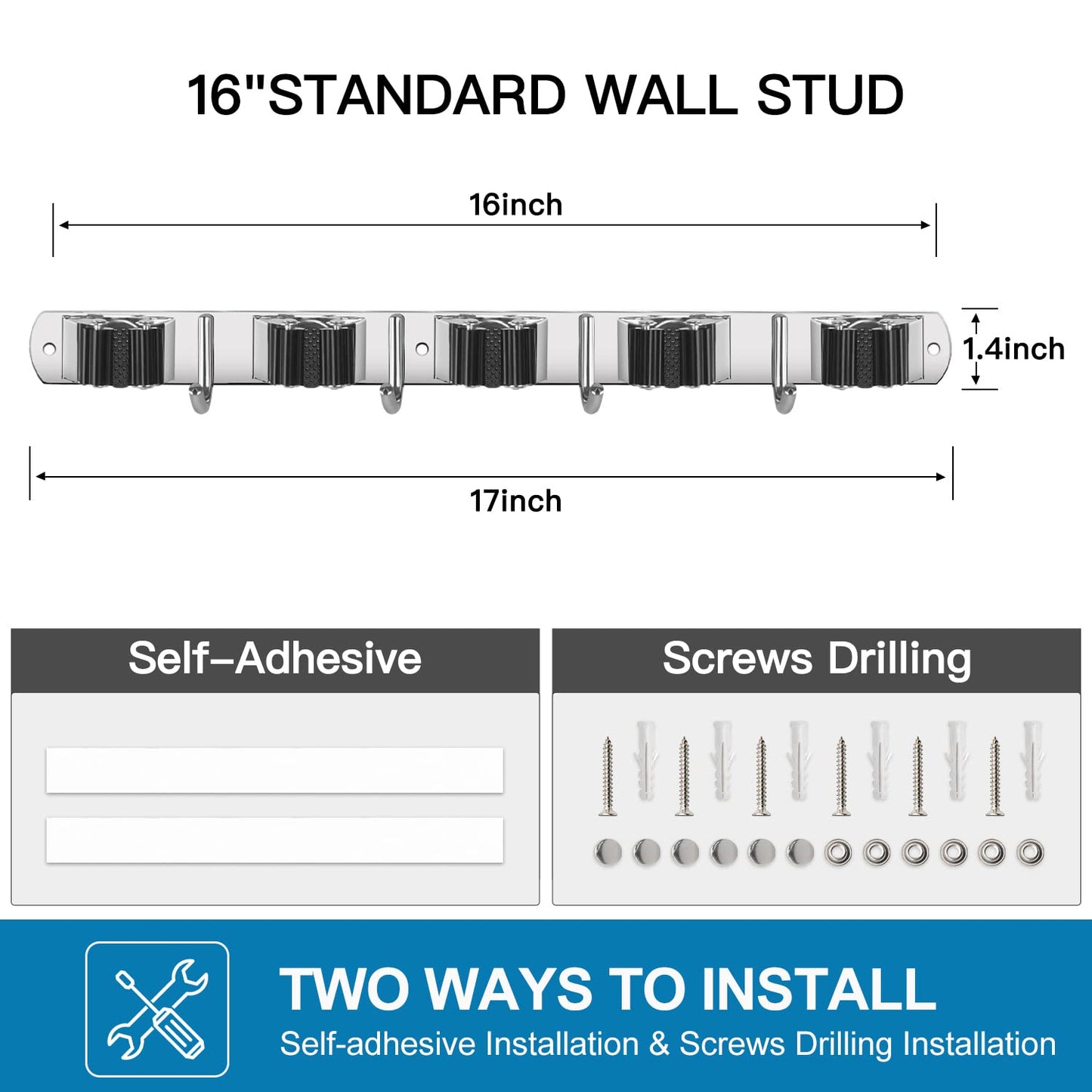 IMILLET 2 Pack Wall Mount Broom Holder Stainless Steel 5 Racks with 4 Hooks Broom Organizer Self Adhesive Heavy Duty Laundry Room, Garage Organization Storage