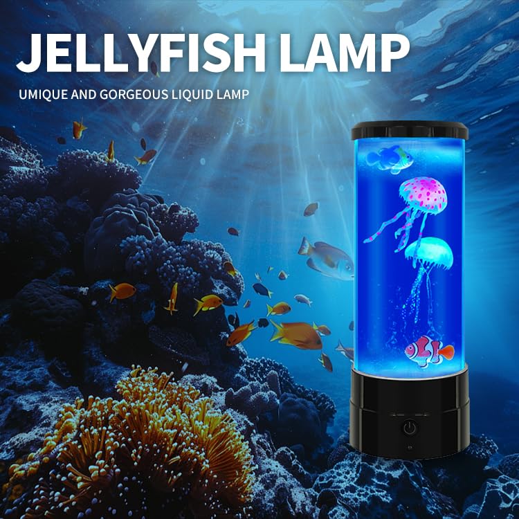 FineLiMoLa Jellyfish Lamp 12"-Black Minimalist Cylinder Table Lamp with 2 Large Jellyfish & 2 Fish,16 Color Changing LED,USB Powered,Remote Control,Jellyfish Light Lamp for Kids Christmas Gift
