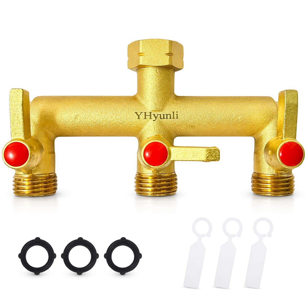 Garden Hose Splitter, 3 Way Hose Splitter, Full Flow 3/4” Rust & Freeze, Outdoor Heavy Duty Brass 3-Way Valve Faucet Adapter, Metal Extended Labor Saving Handle