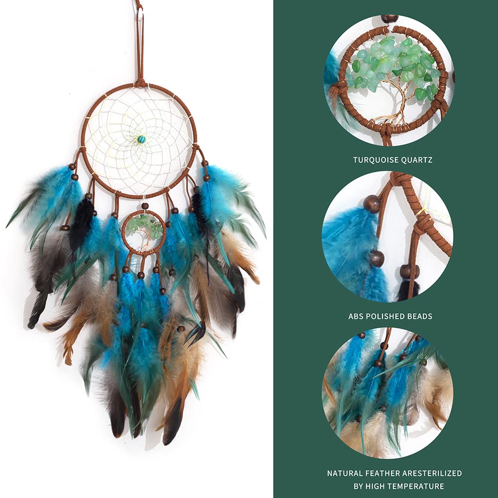 Dream Catcher Blue Tree of Life with Feathers, Handmade Indians Traditional Circular Net for Wall Hanging Decor, Bedroom Kids, Home Decoration Wedding Party Blessing Gift