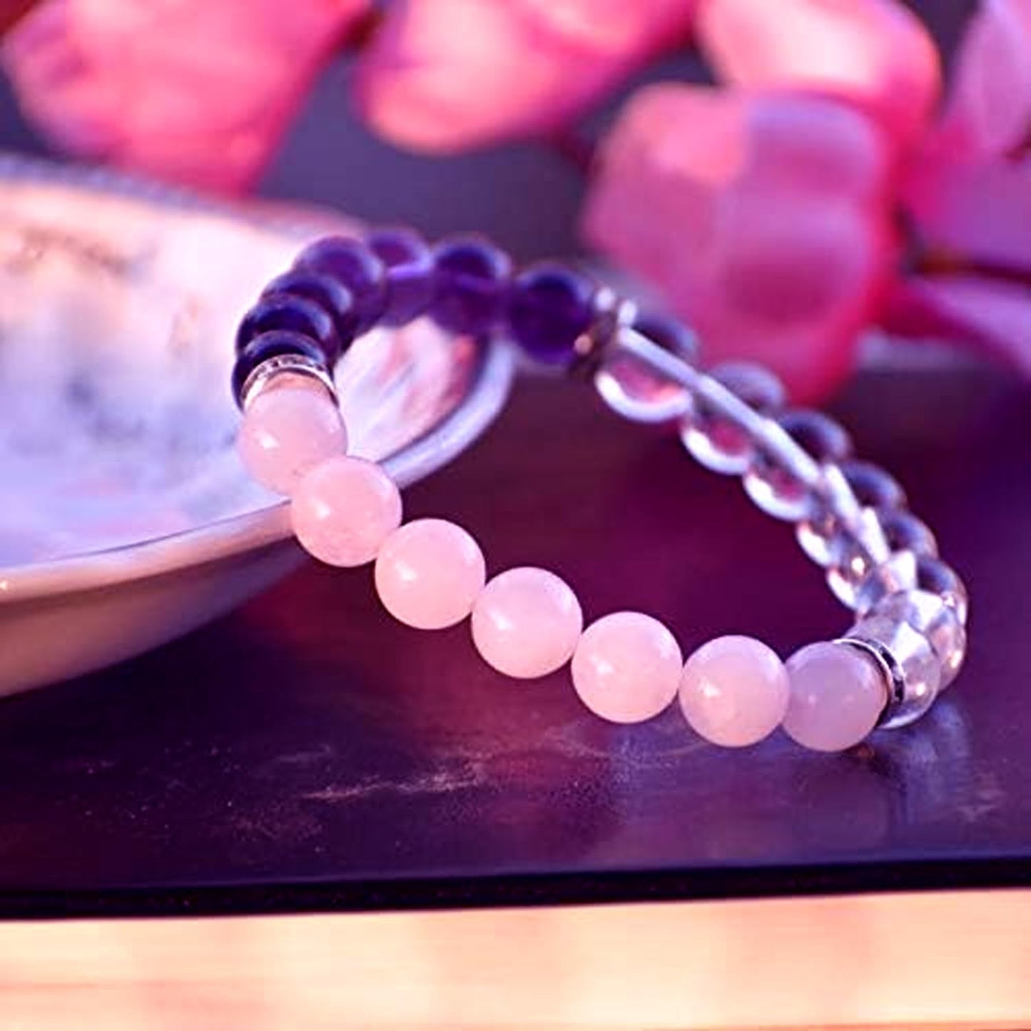Orgonite Shop Rose Quartz Bracelets For Women, Mens Rose Quartz Bracelet For Meditation & Reiki, Gemstone Beaded Bracelet of Rose Quartz Crystal, Triple Love Bracelet/Chakra Healing