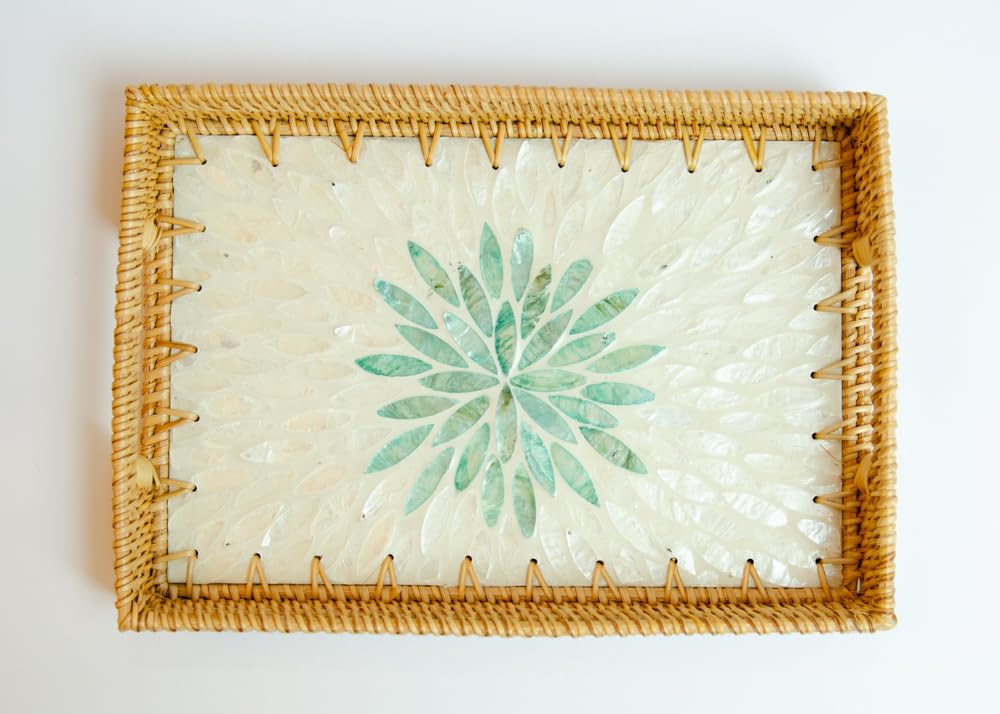 Magenta & Teal Decorative Rectangle Rattan Serving Tray 13x9 inch Mother of Pearl Inlay, Wicker Coffee Table Decor, Farmhouse (Silver Green Flower)